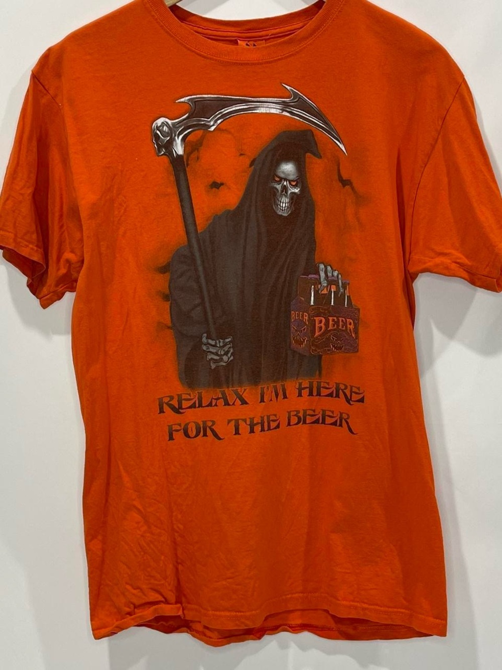 Men's Orange Graphic Tee with Grim Reaper Beer Design